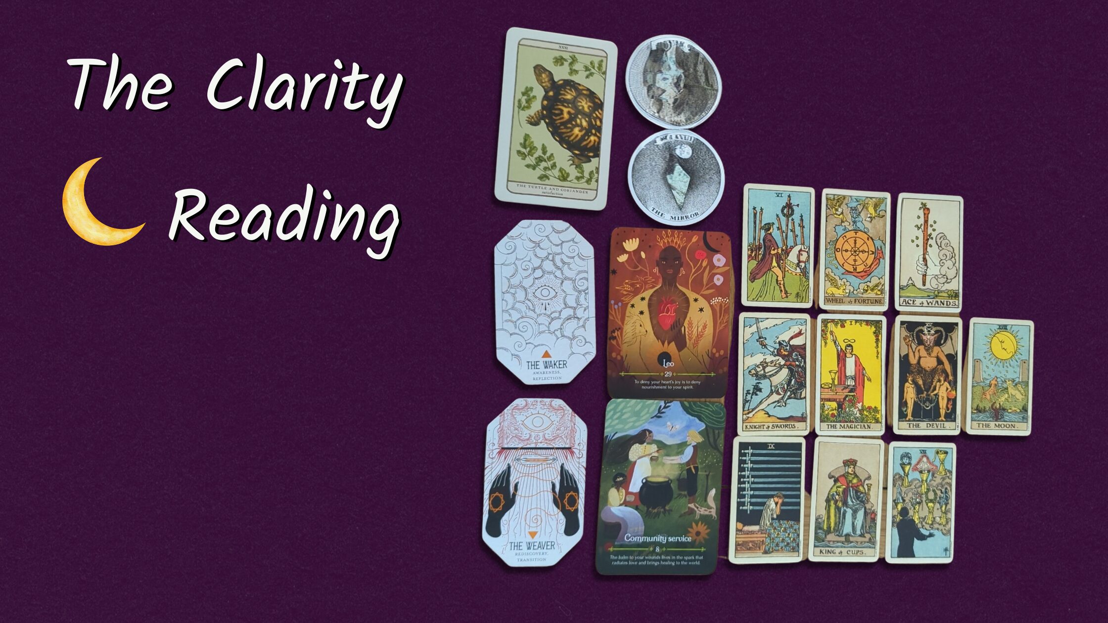 The Clarity Reading - title image with moon illustration and text in a magical, serif font
