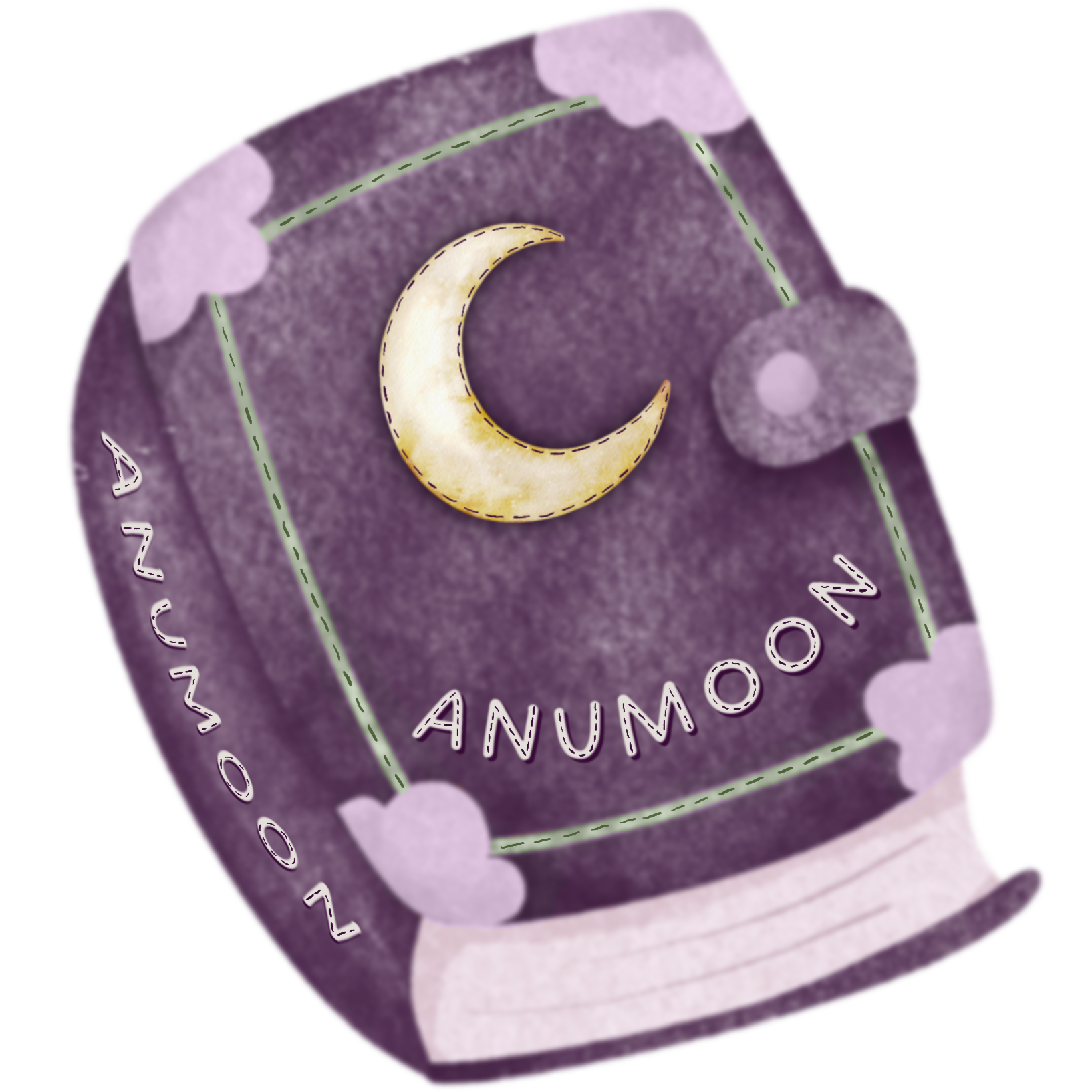 A watercolor drawing of a purple book with a crescent moon decal and the word ANUMOON on the front and spine.