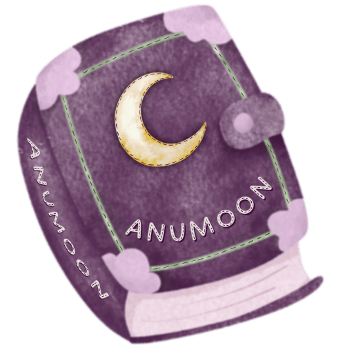 A watercolor drawing of a purple book with a crescent moon decal and the word ANUMOON on the front and spine.